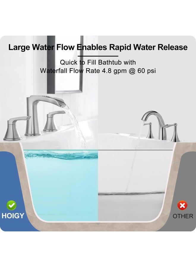 HOIGY 3 Hole Roman Tub Faucet Waterfall Brass Brushed Nickel Bathtub Faucet Set, High Flow 6-16 Inch Deck Mount Faucet for Bathtub, 2 Handle Bath Tub Faucets with Supply Water Hoses for Classic - Image 3
