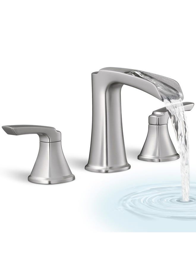 HOIGY 3 Hole Roman Tub Faucet Waterfall Brass Brushed Nickel Bathtub Faucet Set, High Flow 6-16 Inch Deck Mount Faucet for Bathtub, 2 Handle Bath Tub Faucets with Supply Water Hoses for Classic - Image 1
