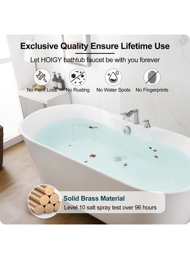 HOIGY 3 Hole Roman Tub Faucet Waterfall Brass Brushed Nickel Bathtub Faucet Set, High Flow 6-16 Inch Deck Mount Faucet for Bathtub, 2 Handle Bath Tub Faucets with Supply Water Hoses for Classic - Image 5