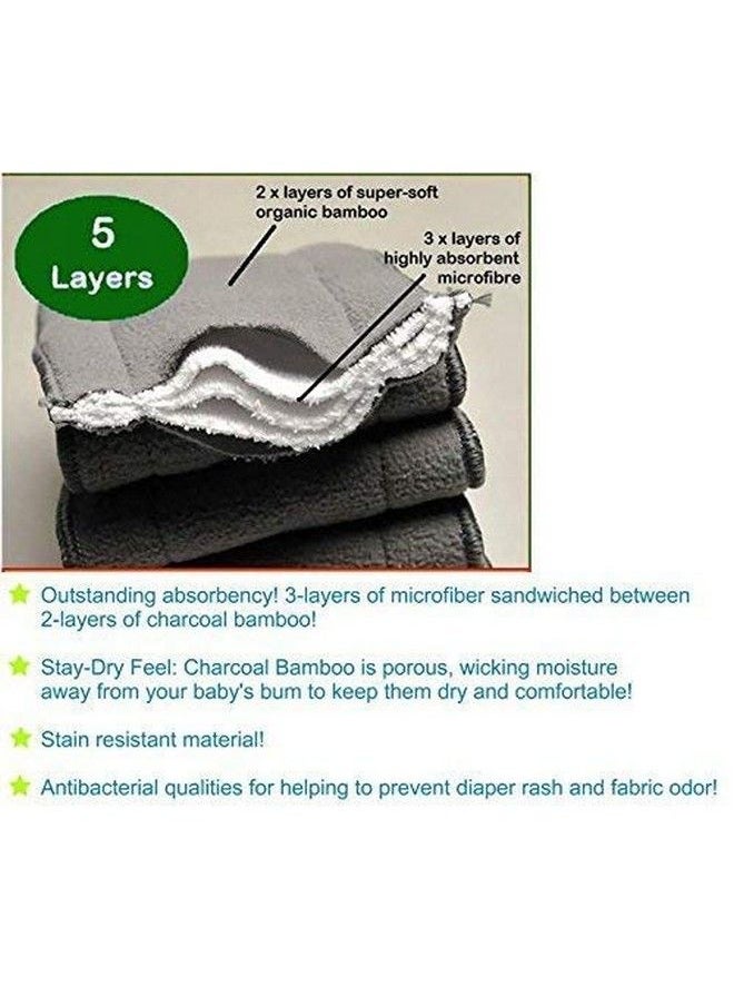 (Set Of 5) Premium Bamboo 5 Layer Charcoal Wetfree Reusable Washable Cotton Diaper Nappy Inserts