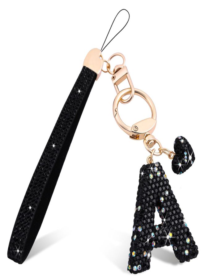 Key ring with initial letter, white, black, for women and girls, nice key ring with initial with bracelet and key ring./black Letter A - Image 1