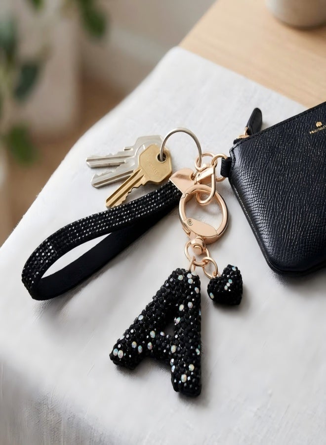 Key ring with initial letter, white, black, for women and girls, nice key ring with initial with bracelet and key ring./black Letter A - Image 2