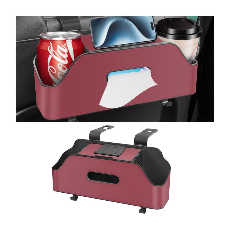 zipelo Car Headrest Backseat Organizer with Cup Holder, Multi-Functional Vehicle Seat Back Hanging Storage Box with Hooks, Auto Drink Snack Phone Tray Travel Accessories for Kids Adults (Wine Red) - Image 1
