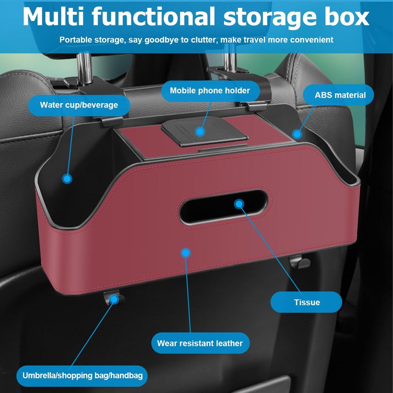 zipelo Car Headrest Backseat Organizer with Cup Holder, Multi-Functional Vehicle Seat Back Hanging Storage Box with Hooks, Auto Drink Snack Phone Tray Travel Accessories for Kids Adults (Wine Red) - Image 3