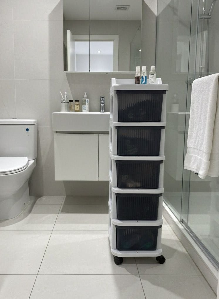 الوطنية عربة تخزين دوارة بخمس طبقات، منظم أدراج بلاستيك أبيض بعجلات، برج رفيع للخزانة والحمام وغرفة الغسيل - Image 2