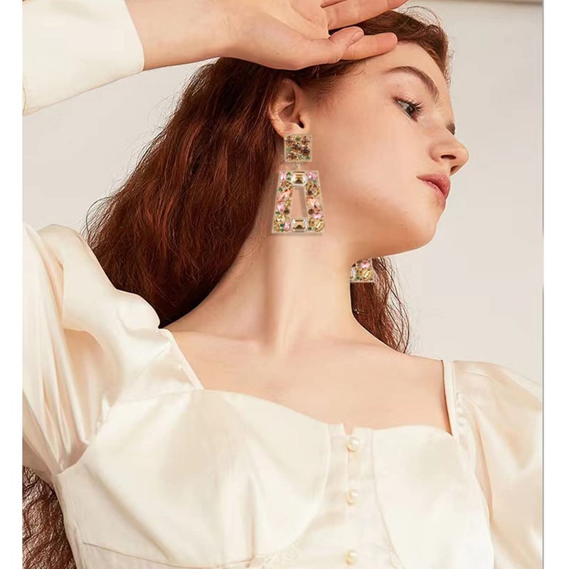 VANGETIMI Champagne Rhinestone Rectangle Dangle Earrings Colorful Crystal Geometric Drop Statement Earrings for Women - Image 3