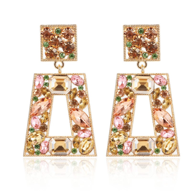 VANGETIMI Champagne Rhinestone Rectangle Dangle Earrings Colorful Crystal Geometric Drop Statement Earrings for Women - Image 1