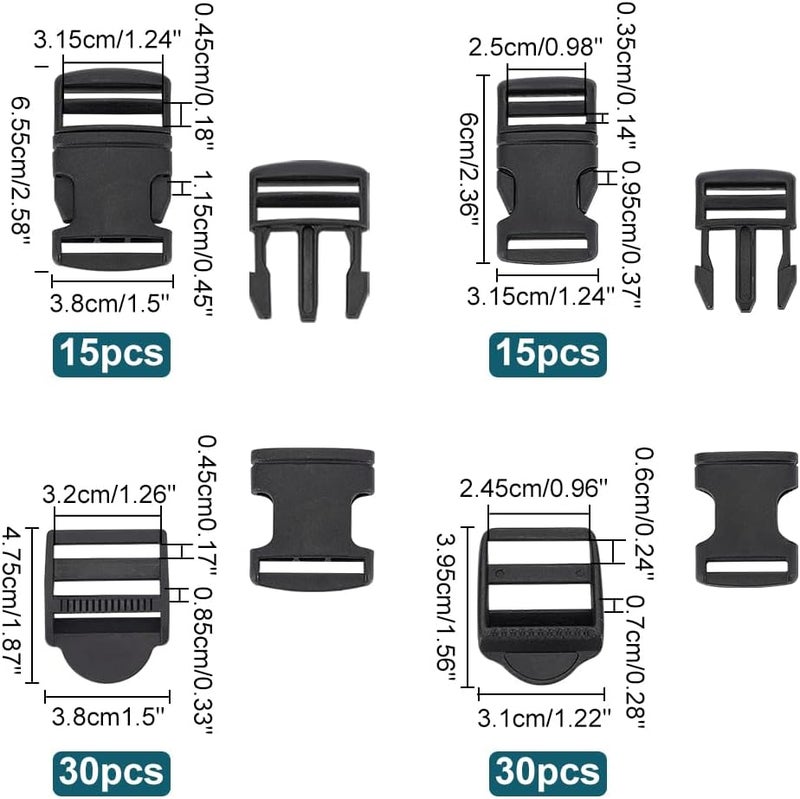 klarako 90 Pack Plastic Slider Ladder Buckles, 24.5/25/31.5/32mm Webbing Strap Adjust Lock Buckles Plastic Tension Lock Triglide Replacement for Backpack Strap Webbing Parts Adjuster Craft Accessories - Image 2