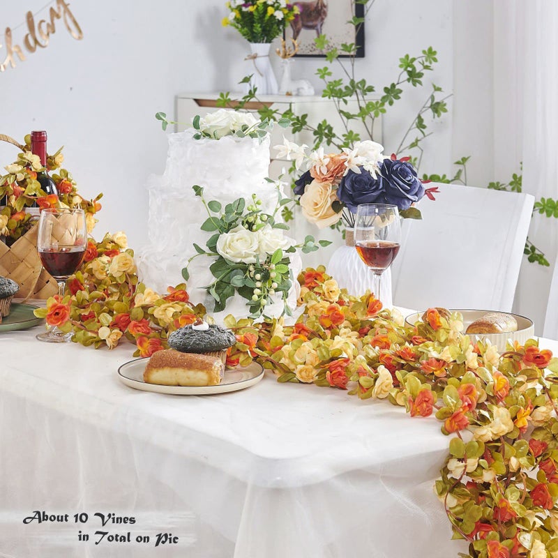 PONKING 8 Pcs x 8.2 ft Flower Garland Artificial Rose Vine Flowers with Green Leaves Hanging Fake Roses Vine for Room Party Home Wedding Birthday Christmas Wall Arch Decor, Fall Champagne Flower - Image 2