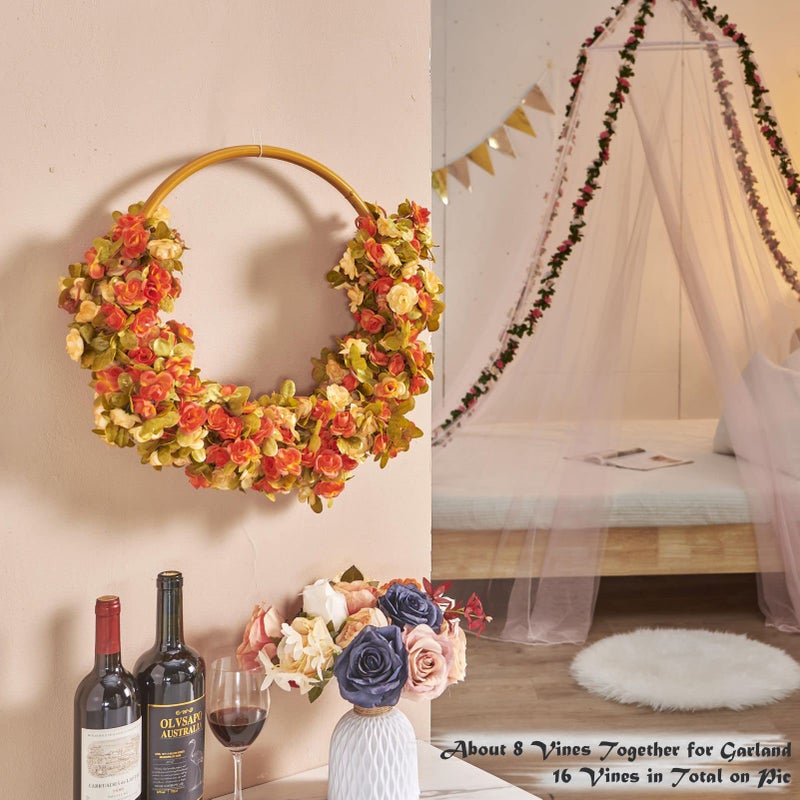 PONKING 8 Pcs x 8.2 ft Flower Garland Artificial Rose Vine Flowers with Green Leaves Hanging Fake Roses Vine for Room Party Home Wedding Birthday Christmas Wall Arch Decor, Fall Champagne Flower - Image 4