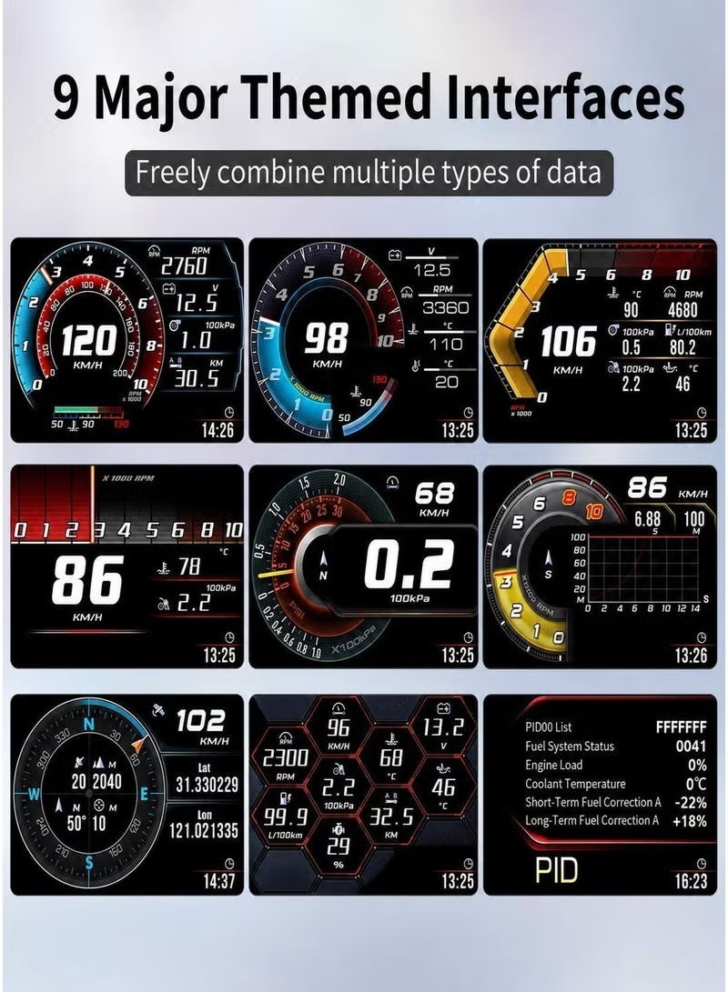 شاشة عرض معلومات OBD2 للسيارات، عداد سرعة OBD+GPS مع تحكم بالإيماءات، سرعة بالكيلومترات/ميل في الساعة، عدد دورات المحرك في الدقيقة، درجة حرارة الماء، تنبيه السرعة الزائدة. يعمل بشكل ممتاز مع معظم السيارات. - Image 5