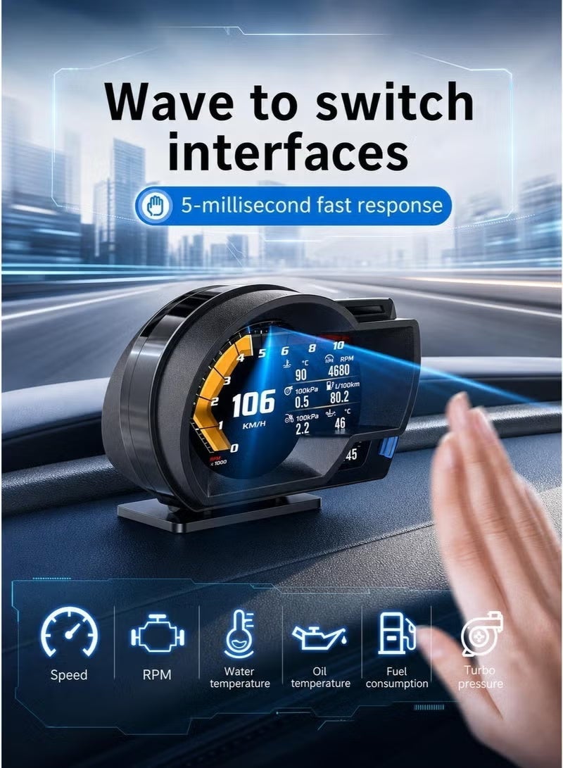شاشة عرض معلومات OBD2 للسيارات، عداد سرعة OBD+GPS مع تحكم بالإيماءات، سرعة بالكيلومترات/ميل في الساعة، عدد دورات المحرك في الدقيقة، درجة حرارة الماء، تنبيه السرعة الزائدة. يعمل بشكل ممتاز مع معظم السيارات. - Image 2