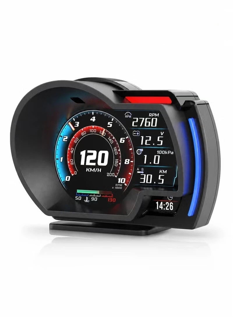 شاشة عرض معلومات OBD2 للسيارات، عداد سرعة OBD+GPS مع تحكم بالإيماءات، سرعة بالكيلومترات/ميل في الساعة، عدد دورات المحرك في الدقيقة، درجة حرارة الماء، تنبيه السرعة الزائدة. يعمل بشكل ممتاز مع معظم السيارات. - Image 1