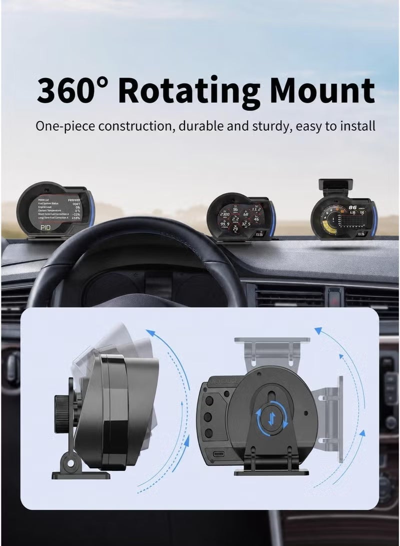 شاشة عرض معلومات OBD2 للسيارات، عداد سرعة OBD+GPS مع تحكم بالإيماءات، سرعة بالكيلومترات/ميل في الساعة، عدد دورات المحرك في الدقيقة، درجة حرارة الماء، تنبيه السرعة الزائدة. يعمل بشكل ممتاز مع معظم السيارات. - Image 4