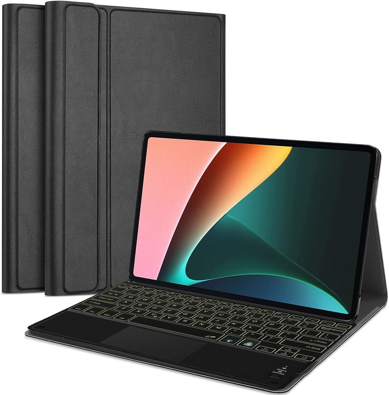 Hom 3 Fold 7-Colour Backlight Detachable Wireless Bluetooth Keyboard with Trackpad/Touchpad Tablet Cover Case for Xiaomi Mi Pad 5 11" Inch Tablet - Black - Image 1