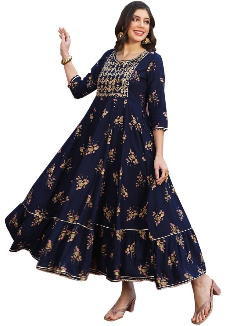 LAVANDIS Women's Anarkali Long Gown Kurti with Gold Print & Embroidery - Ethnic Flared Dress for Girls Casual Wear - Image 5