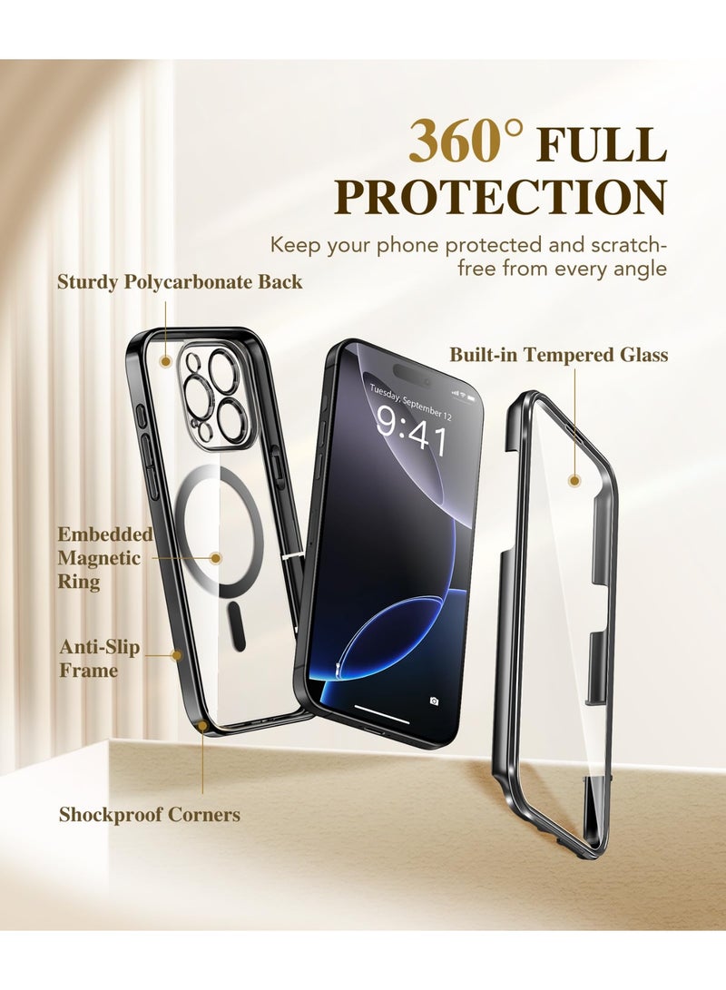 بيرفي جراب مغناطيسي لهاتف iPhone 16 Pro، متوافق مع Magsafe، واقي شاشة مدمج من الزجاج المقوى 9H وحماية مطورة للكاميرا، جراب هاتف مقاوم للصدمات مطلي بالكامل لهاتف 16 Pro مقاس 6.3 بوصة، أسود - Image 3