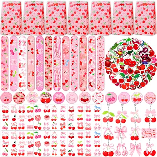 DYDSZDDYBF 110 قطعة هدايا حفلة الكرز - هي الكرز في القمة - سوار لاصق - فواكه صيفية - ملصقات الكرز - وشم مؤقت - سلسلة مفاتيح - دبابيس أزرار - حقيبة هدايا حفلة كرز لطيفة لحفل زفاف - حفل خطوبة - مستلزمات حفل استقبال المولود - Image 1