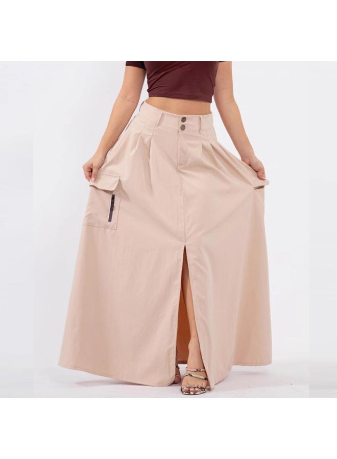 European And American Women's New Style Casual Fashion Solid Color Waist-cinching Versatile Slit Workwear Midi Skirt