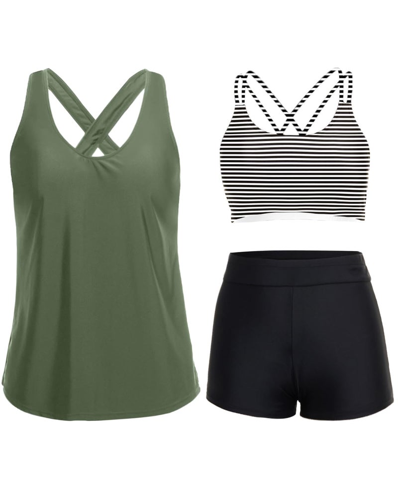 Holipick Black Striped 3 Piece Tankini Swimsuits for Women Tummy Control Bathing Suits Swim Tank Top with Bra Boy Shorts Teen Swimwear M - Image 1