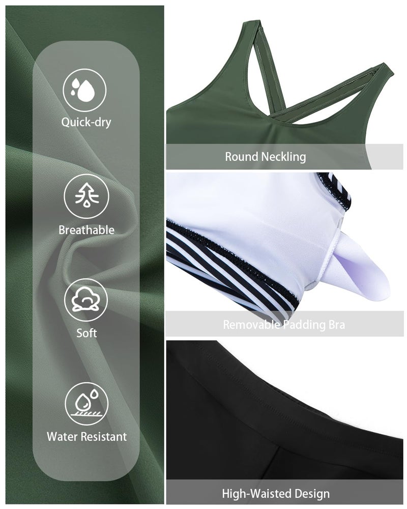 Holipick Black Striped 3 Piece Tankini Swimsuits for Women Tummy Control Bathing Suits Swim Tank Top with Bra Boy Shorts Teen Swimwear M - Image 5