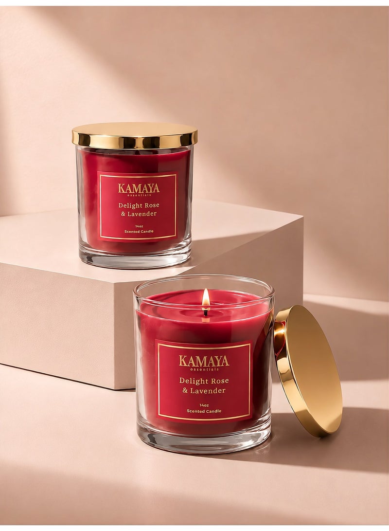 KAMAYA IRIS Collection Delight Rose & Lavender Scented Candle | 3-Wick Soy Wax, 400g | Clear Glass Jar, Gold Lid - Image 1