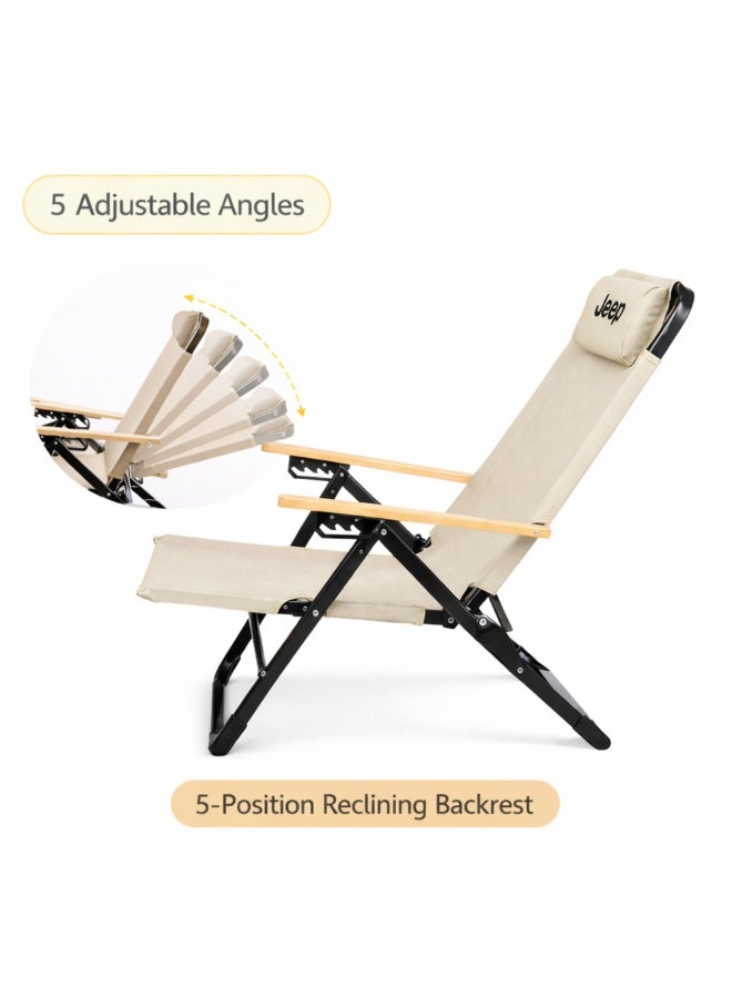 جيب كرسي تخييم قابل للطي من جيب، مسند ظهر قابل للإمالة بخمس وضعيات، قماش مقاوم للماء 600D، مسند رأس مبطن، سعة 130 كجم - بيج - Image 2