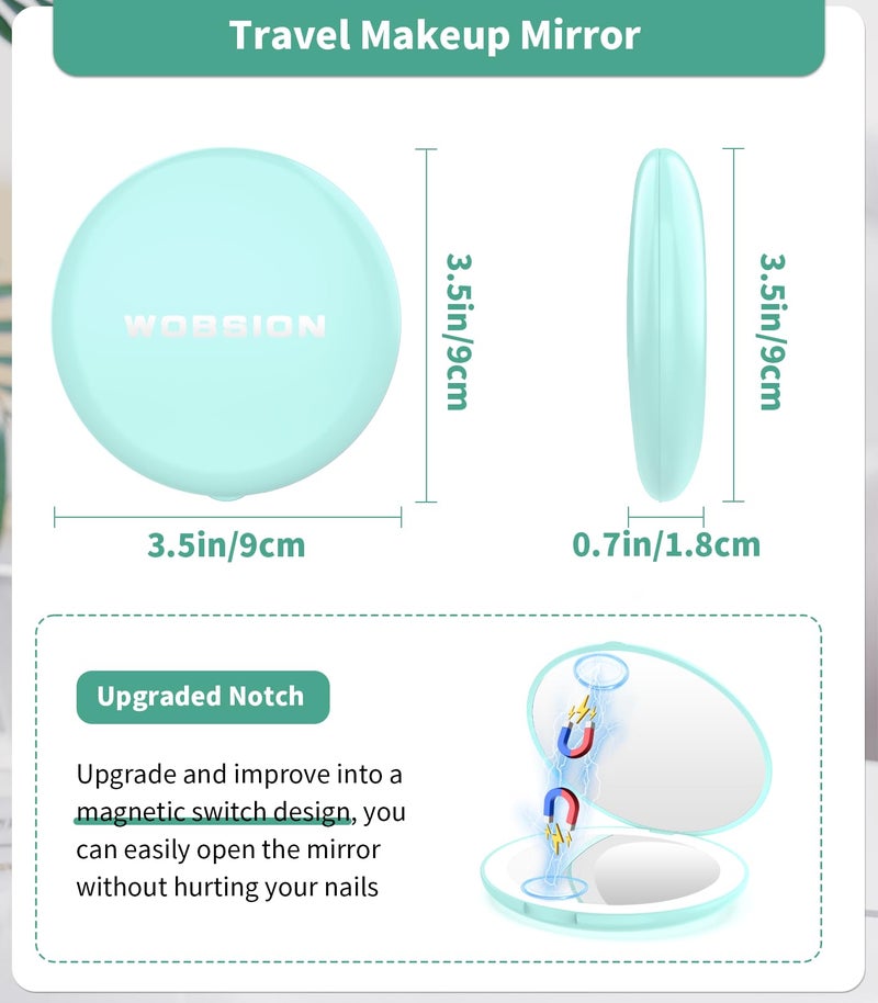 ووبسيون مرآة مكياج للسفر بإضاءة LED من Wobsion، تكبير 1X/10X، مدمجة محمولة لحقيبة اليد، الجيب، 3.5 بوصة، مضيئة قابلة للطي، محمولة على الوجهين، سماوي مستدير - Image 3