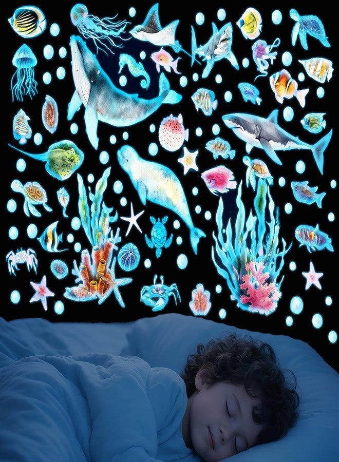 EMPCYDIA Glow in The Dark Ocean Wall Decals, 4 Sheets Underwater Sea Animal Stickers (Dolphin, Turtle, Jellyfish), Self-Adhesive Kids Bedroom Decor for Boys & Girls, Blue Glow Nursery Wall Art (7.8x11.8in) - Image 1