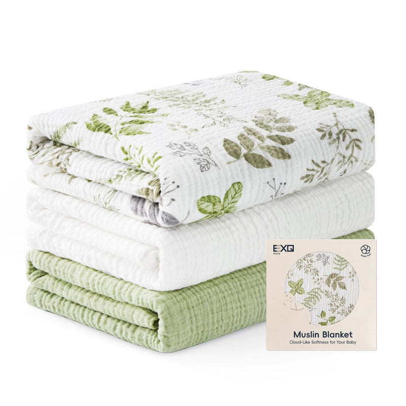EXQ Home Muslin Swaddle Blankets for Baby 3 Pack Cotton Breathable Soft Receiving Blankets for Newborn Boys and Girls Baby Essentials Gift 38x40 inchesGreen Leaves - Image 2