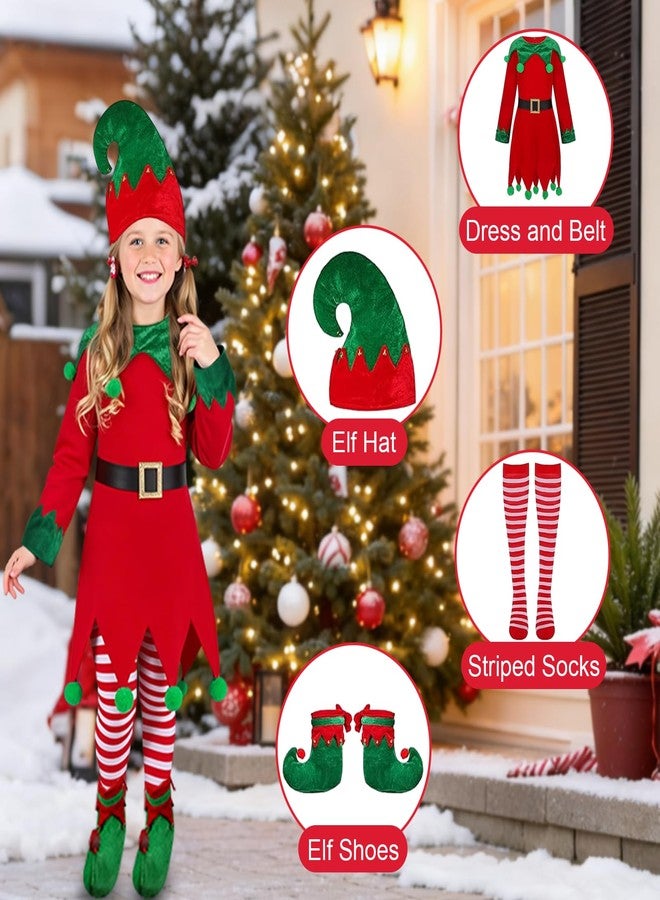 JNYVE Christmas Elf Costume for Kids - Girls Elf Dress Set Velvet Cosplay Santa's Helper Costume Xmas Outfit (10-11 Years) - Image 2