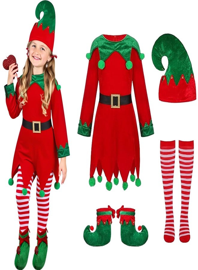 JNYVE Christmas Elf Costume for Kids - Girls Elf Dress Set Velvet Cosplay Santa's Helper Costume Xmas Outfit (10-11 Years) - Image 1