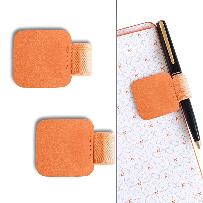 NEORAH — Pen Loop for diaries, planners , journals, notebooks, sketchbook | Pack of 2 | Self adhesive pen loop holder | Peel & Stick | Elastic Loop for pen even for big barrels | Durable vegan leatherette - Size (5.5 cm x 4 cm ) – Orange - Image 1