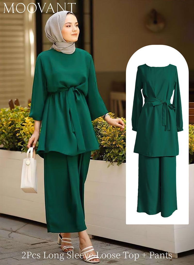 Moovant 2PCS Fashion Abayas Dress For Women, Muslim Long Sleeve Loose Top and Pants, Dubai Islamic Muslim Women Matching Set, Arabian Clothing, Green - Image 1