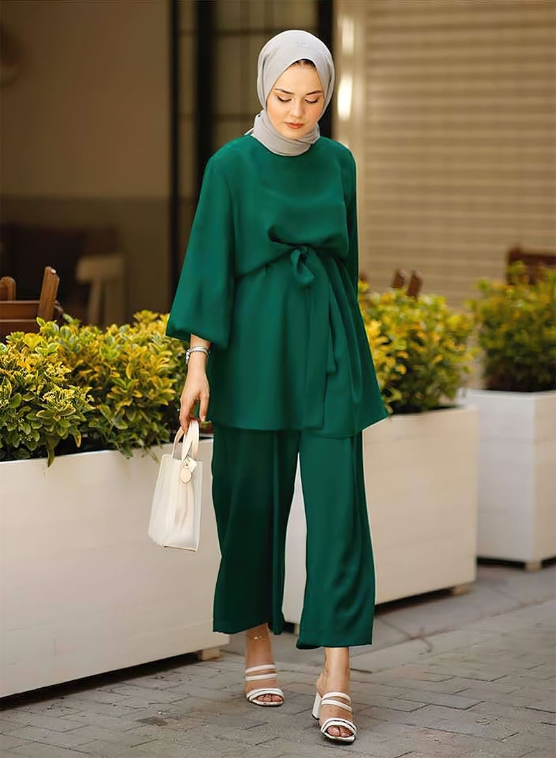 Moovant 2PCS Fashion Abayas Dress For Women, Muslim Long Sleeve Loose Top and Pants, Dubai Islamic Muslim Women Matching Set, Arabian Clothing, Green - Image 2