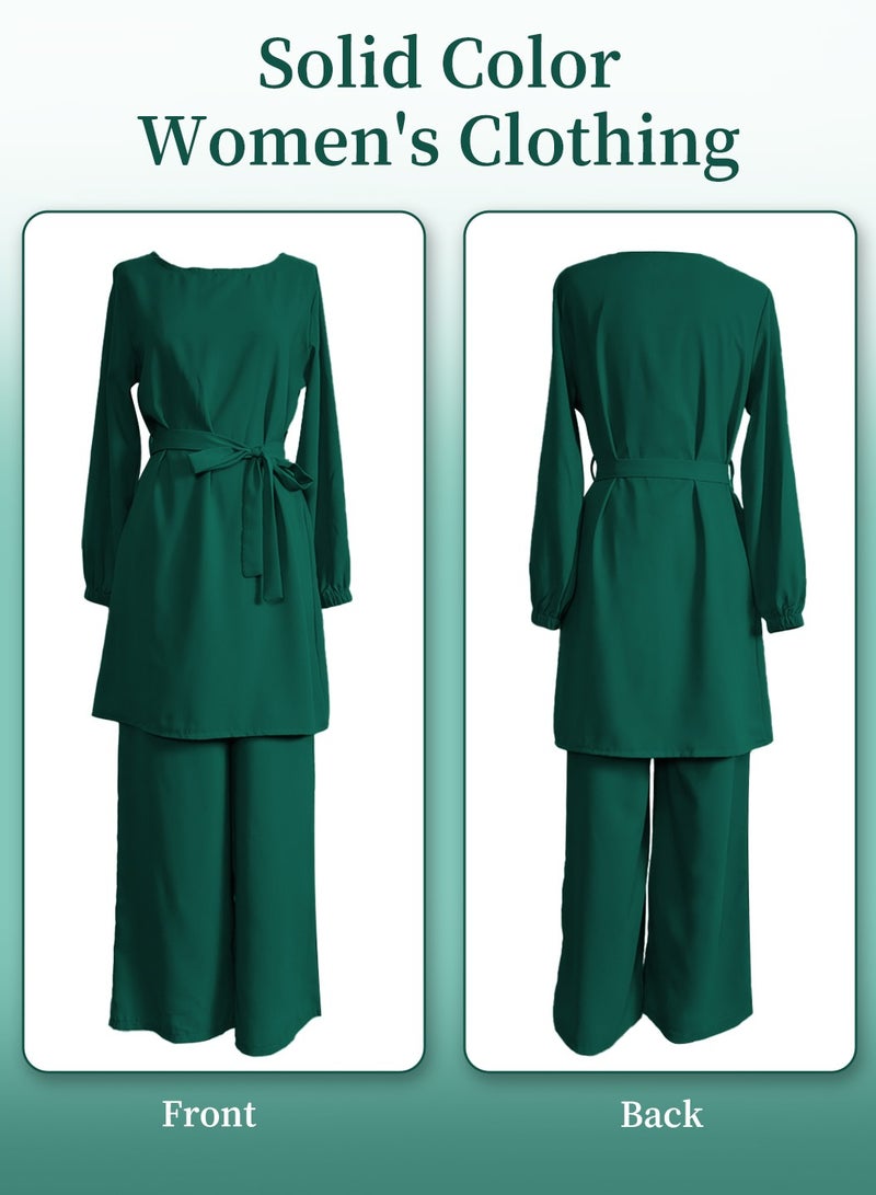 Moovant 2PCS Fashion Abayas Dress For Women, Muslim Long Sleeve Loose Top and Pants, Dubai Islamic Muslim Women Matching Set, Arabian Clothing, Green - Image 4