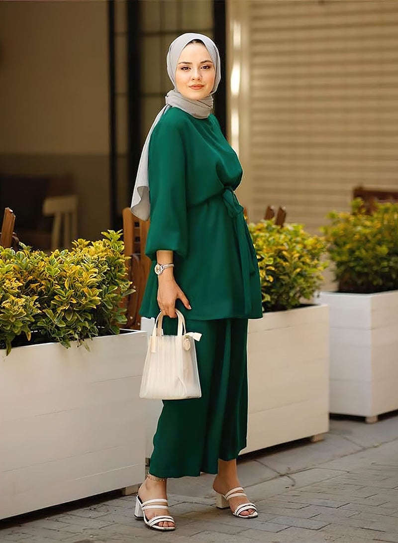 Moovant 2PCS Fashion Abayas Dress For Women, Muslim Long Sleeve Loose Top and Pants, Dubai Islamic Muslim Women Matching Set, Arabian Clothing, Green - Image 3