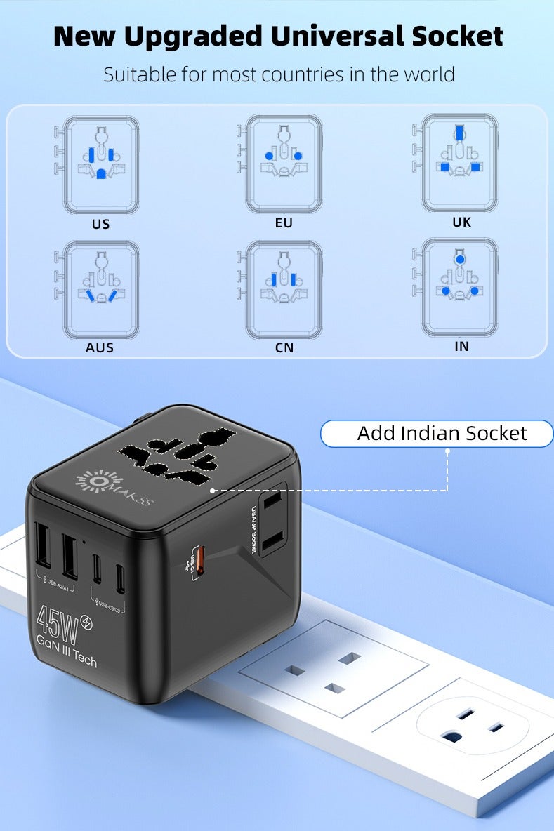 OMAKSS Universal Travel Adapter 45W GaN III International Travel Charger with USB & Type C PD Fast Charging All in One Worldwide Wall Charger for Tablets, Laptops and Phones - Image 3