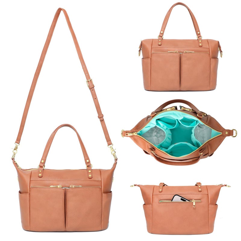 MOMINSIDE Small Diaper Bag, Mini Diaper Tote, Leather Diaper Bag Purse, Crossbody Baby Bag with 13 Pockets, Diaper Clutch for Women Mom, 2 Insulated Pockets(Brown) - Image 1