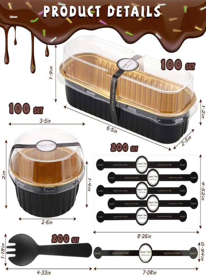 Suclain 200 Set Mini Loaf Pans with Lids Cupcake Liners, 200 Sticky 100 Rectangle Aluminum Foil Baking Pans Disposable Tin Loaf Pans 100 Round Foil Cupcake Cups Foil Baking Cup for Cake Bakery (Black) - Image 2
