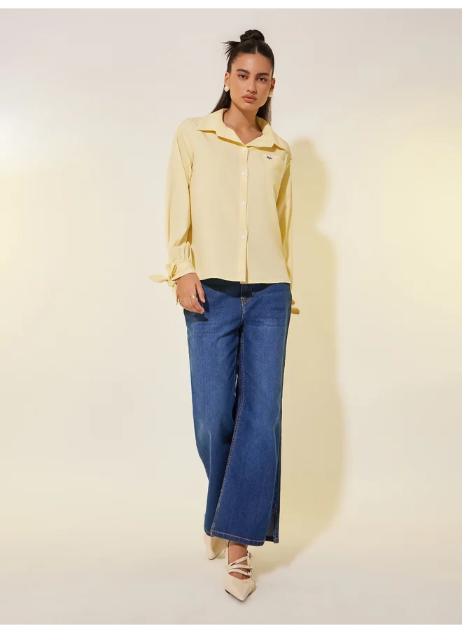 تايك تو Take Two Embroidered Detail Bow Knot Cuff Oversized Shirt