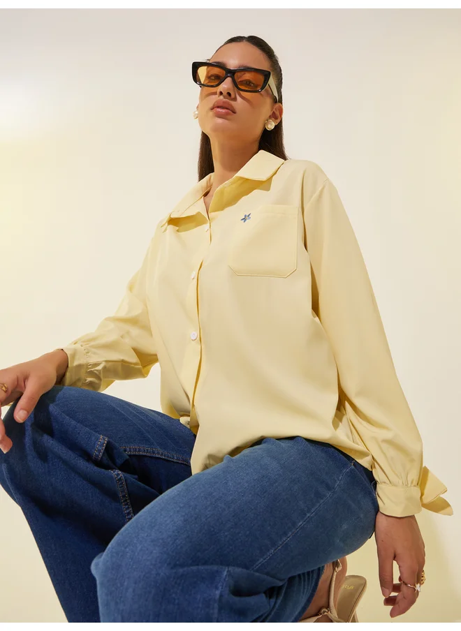 تايك تو Take Two Embroidered Detail Bow Knot Cuff Oversized Shirt