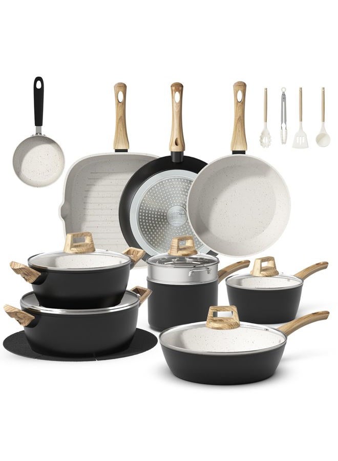 Bazova 25-PC Pots and Pans Set Non Stick Ceramic Cookware Set, Healthy Non Toxic Kitchen Cookware Sets with Large Capacity, Induction Compatible, PFAS/PTFE/PFOA/PFOS Free, Black/White - Image 1