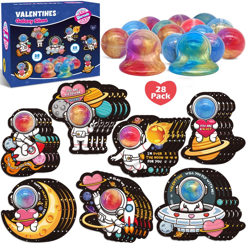 SURCVIO 28 Pack Valentines Day Gifts for Kids, Galaxy Slime with Greeting Cards Stress Relief Fidget Set for Kids, Valentine's Day School Prize Party Favor, Classroom Exchange Gift Set - Image 1