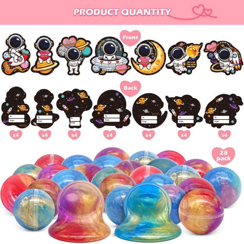 SURCVIO 28 Pack Valentines Day Gifts for Kids, Galaxy Slime with Greeting Cards Stress Relief Fidget Set for Kids, Valentine's Day School Prize Party Favor, Classroom Exchange Gift Set - Image 2