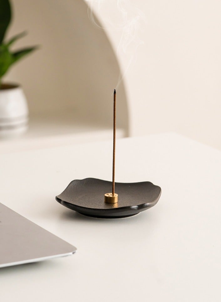 Black Ceramic Incense Stick Holder with Brass Inserts – 5 Adjustable Holes for Various Sizes, 8.5cm Square Design - Image 1