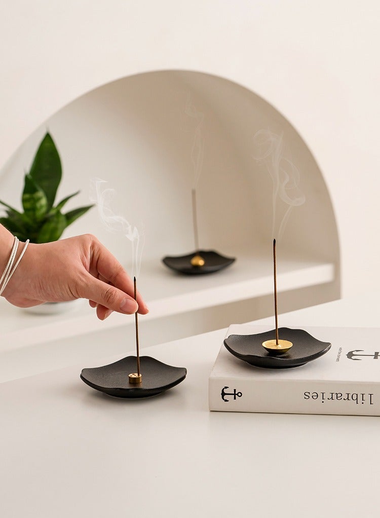 Black Ceramic Incense Stick Holder with Brass Inserts – 5 Adjustable Holes for Various Sizes, 8.5cm Square Design - Image 2