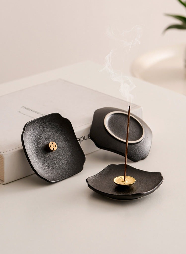 Black Ceramic Incense Stick Holder with Brass Inserts – 5 Adjustable Holes for Various Sizes, 8.5cm Square Design - Image 3