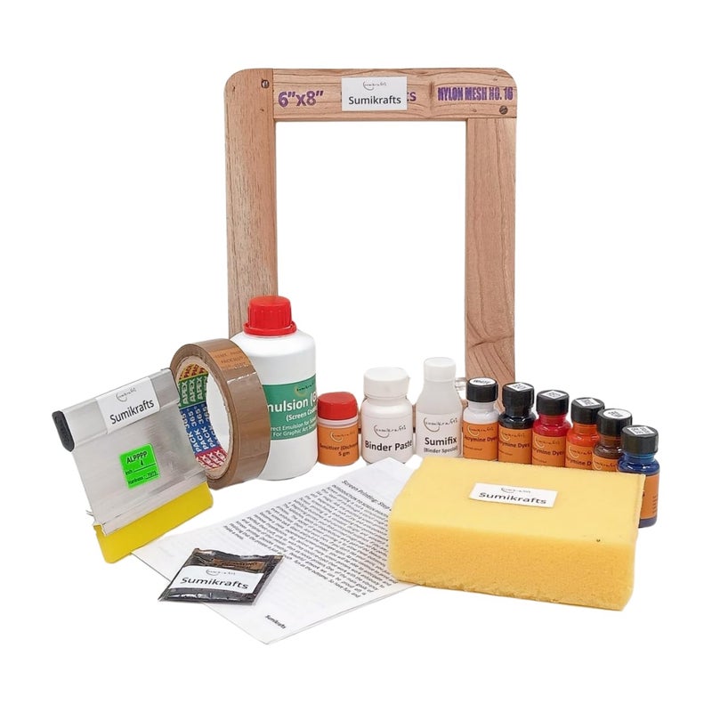 sumikrafts sumikrafts Screen Printing kit for Beginners 6 Assorted Pigment Dyes Screen Printing Wooden Frame Small 6x8 pre Stretched mesh no 16 Option 6