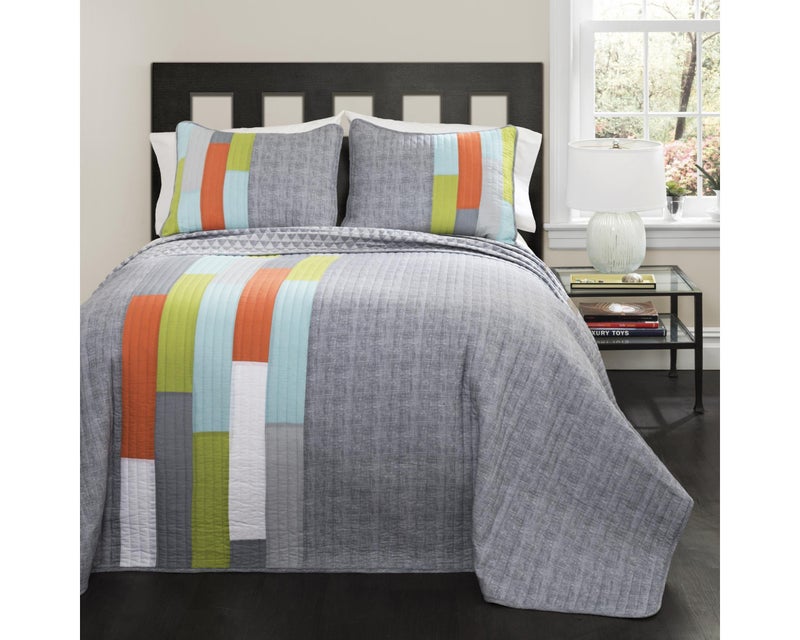 Lush Decor Shelly Stripe Quilt | Modern Geometric Pattern Reversible 3 Piece Bedding Set - Full/Queen - Orange & Gray - Image 1